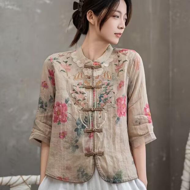 シャツ レディース 春夏 刺繍 チャイナ風 立ち襟 花柄 模様 ?麻 リネン ブラウス ゆったり 7分袖 文芸 ?古 羽織り2