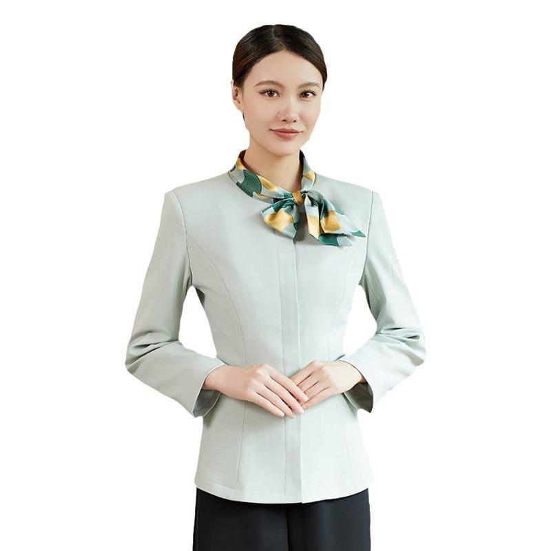 御役目服 レディース 長袖 泊まり 洗い濯ぎ 員 制服 秋冬 セットアップ メンズ ポリエステル 防油 汚れにくい 速乾 立襟 天青味 黒2