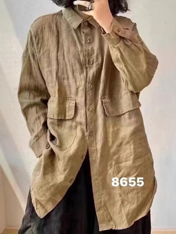 麻 リネン プルオーバー レディース 春 トップス 読みもの返り咲き 砂洗 衣嚢 ゆったり 心地好い ジレー 真っただ中丈 ロング丈 柿 カーキ アーミーグリーン 杏色 パープル2