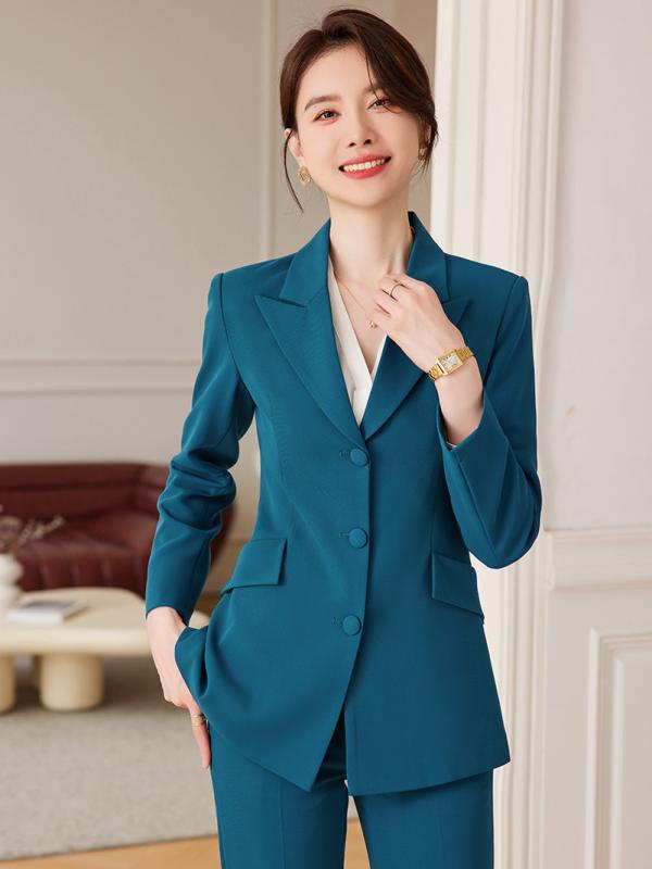 スーツ レディース 秋冬 仕事着 オフィス ホテル マネージャー 制服 ポリエステル テーラードジャケット パンツ 上下 セット ブラック 黒 ネイビー ブルー 大きいサイズ