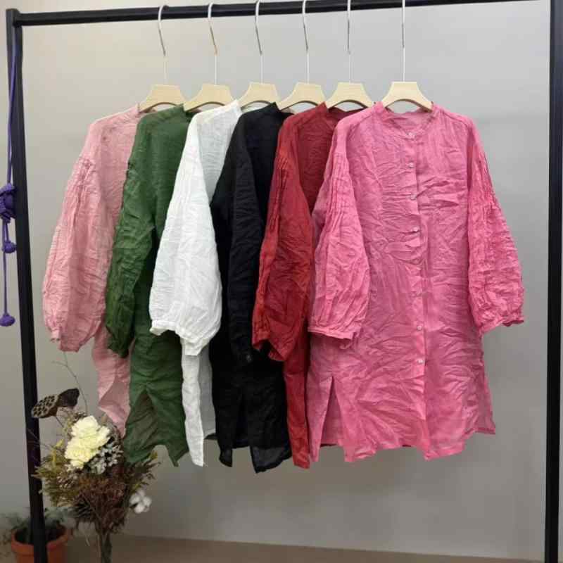 シャツ レディース 春夏 リネンブレンド チュニック ドロップショルダー ミドル丈 ゆったり 長袖 ブラウス 日韓スタイル カジュアル トップス 冷感 紫外線対策 前開き