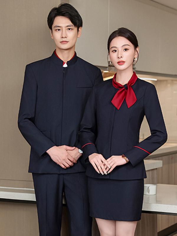 制服 レディース 長袖 職業スーツ 秋冬 飲食店 レストラン フロント 受付 スタッフユニフォーム 赤 青 ポリエステル2｜clearstore