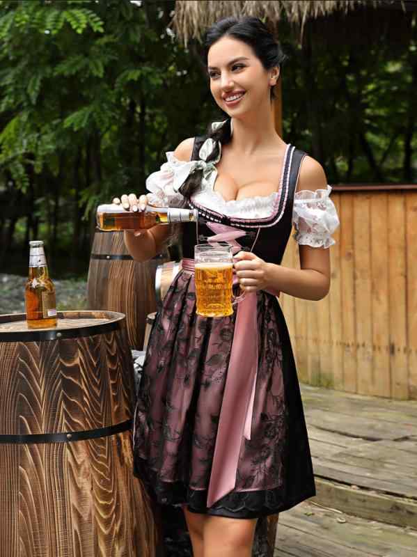 ワンピース レディース 大きいサイズ ディアンドル ビール祭り コスチューム メイド服 ハロウィン 仮装 舞台衣装 3L 4L 5L ポリエステル 一字襟 半袖 泡袖 黒 チュニック ヨーロッパ 民族衣装 舞台