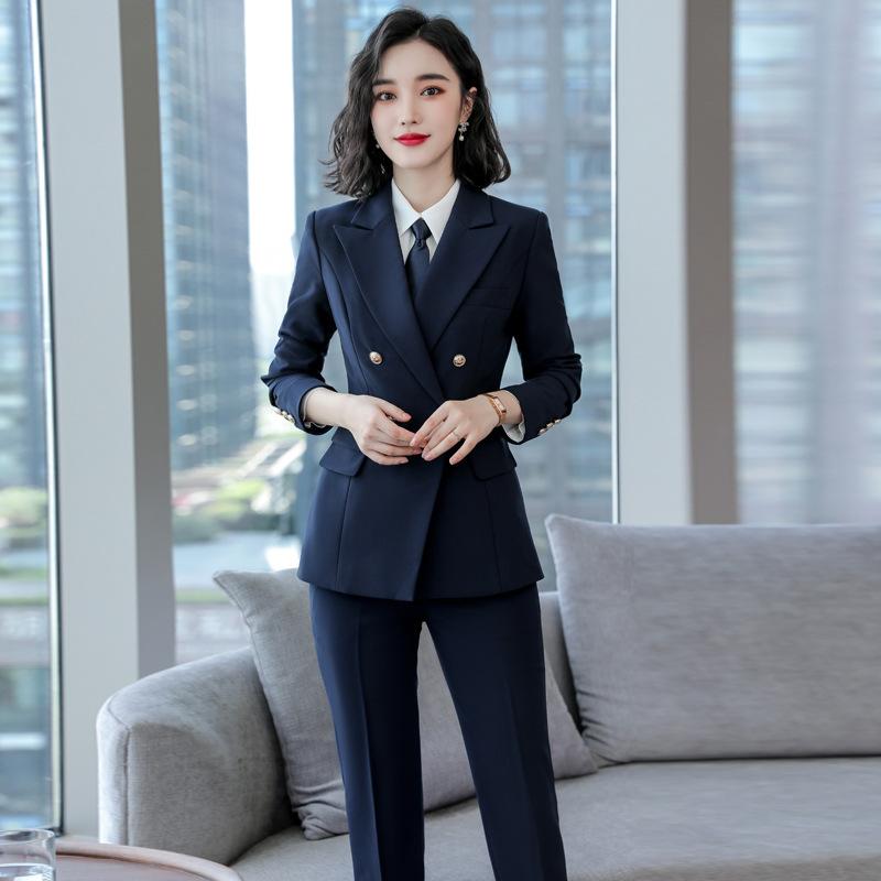 事務服 レディース スーツ 美容師 セットアップ 3点セット 春秋 長袖 ジャケット パンツ スカート ホテル フロント 受付 制服 ポリエステル混紡 紺 黒