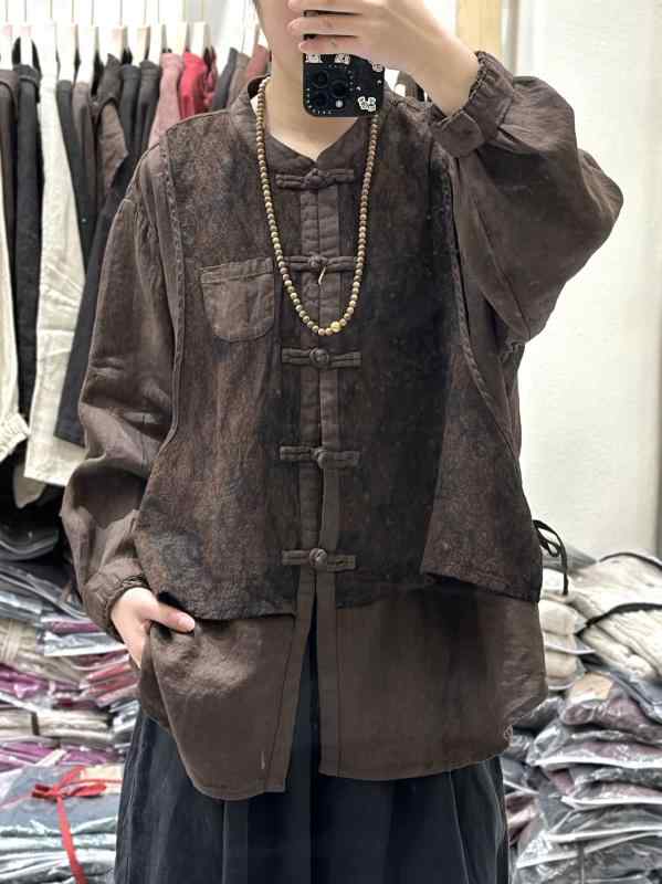 シャツ レディース 春物 リネンブレンド レトロ 切り替え 立襟 長袖 カーディガン ゆったり 文芸風 トップス2｜clearstore