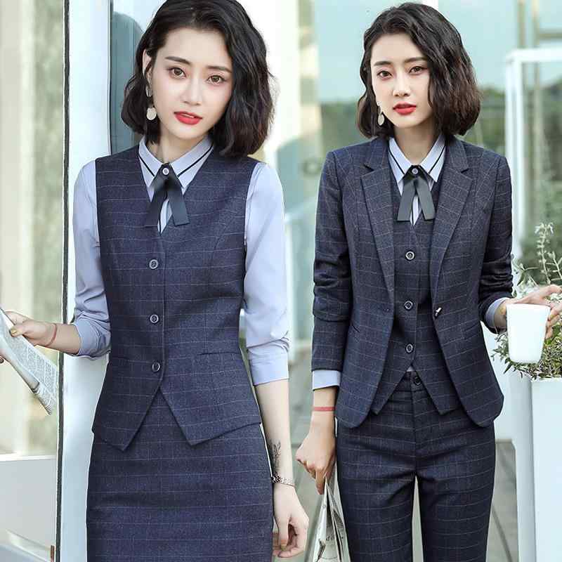 スーツ レディース セット フォーマル 春秋 格子柄 オフィス ビジネス ホテル フロント 受付 制服 事務服 ファッション テーラード ジャケット パンツ スカート 3点セット 上品 高級感 伸縮性
