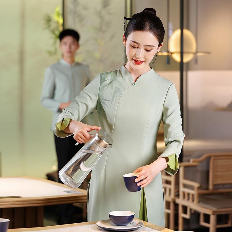 シャツ レディース 秋冬 ホテル レストラン 制服 長袖 トップス パンツ ポリエステル 中華風 Vネック 飲食店 サービススタッフ ユニフォーム 防油 汚れにくい ベージュ系2