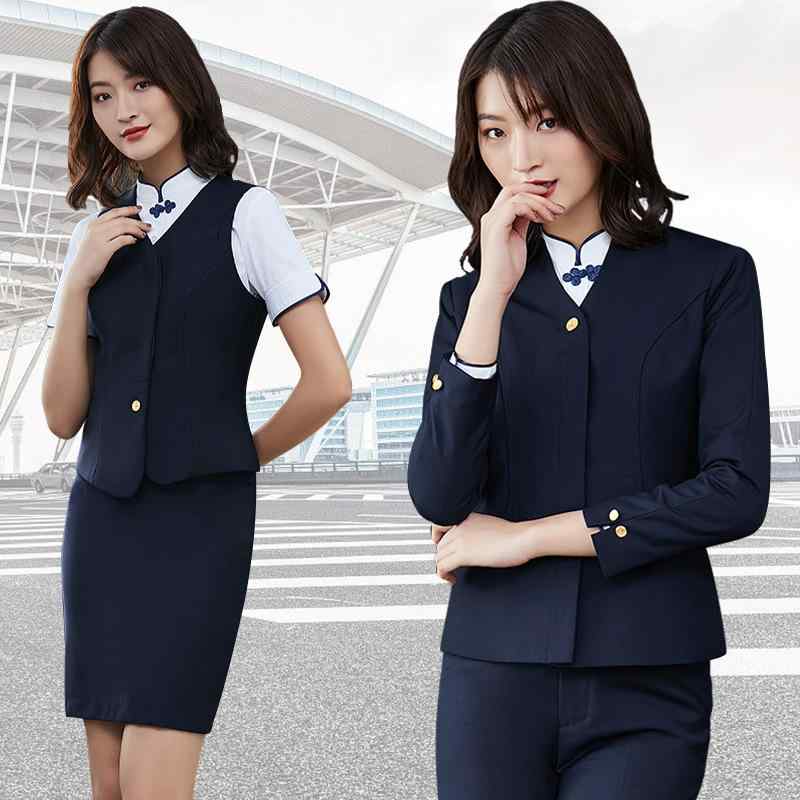レディース スーツ 制服 長袖シャツ 半袖シャツ ベスト パンツ スカート ジャケット 6点セット オフィス レストラン ホテル 販売 伸縮性2