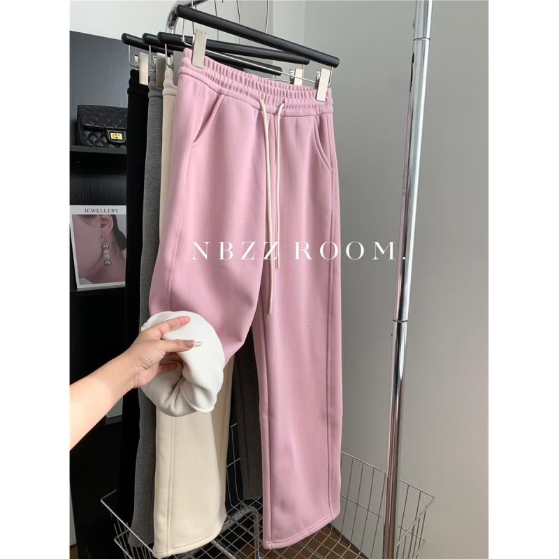 パンツ レディース 秋冬 裏起毛 厚手 防寒 ハイウエスト ストレート 小柄 ワイドレッグパンツ カジュアル 高腰 スポーツ ロングパンツ ピンク グレー ブラック2