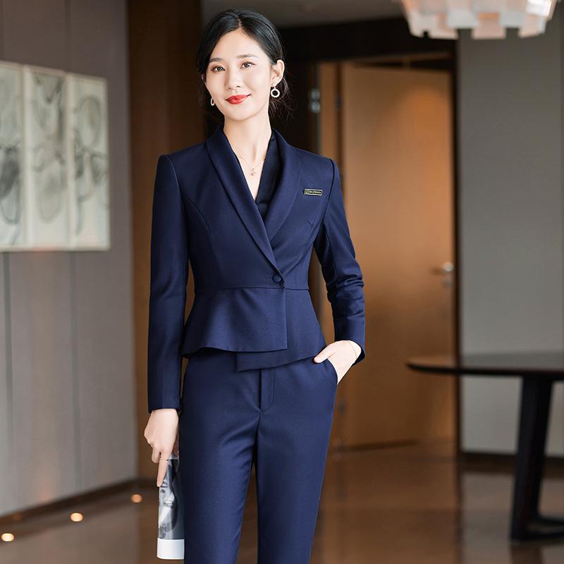 スーツ レディース 春秋 長袖 ファッション 韓国風 ジュエリーショップ 販売 窓口 ホテル フロント 受付 仕事着 ポリエステル 繊維 ブラック ブルー ネイビー S M L XL 2XL 3XL 4XL