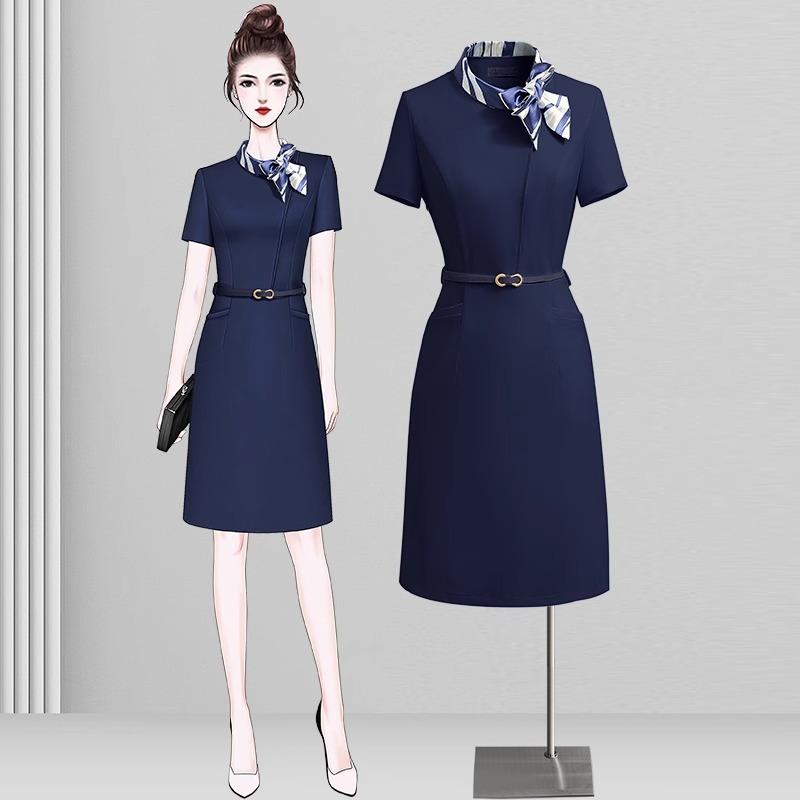 ワンピース レディース 空港 カウンター 受付 制服 半袖 ひざ丈 タイト 無地 ネイビー ブルー ピンク系 中国風 レトロ