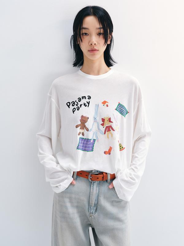 Tシャツ レディース かわいい コットン アニメ風プリント 長袖 ゆったり Vネック トップス カットソー ストリート カジュアル ホワイト ブラック モカ 2025春夏｜clearstore