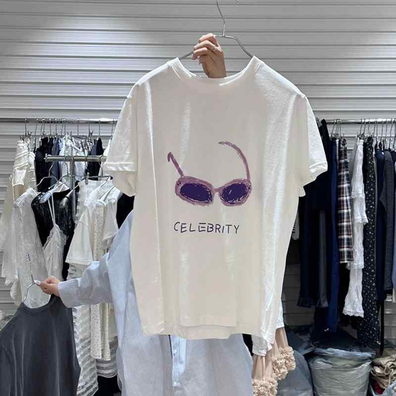Tシャツ レディース 春夏 半袖 綿 手描き メガネ柄 アルファベットプリント ラウンドネック カットソー 韓国風 カジュアル トップス 白 灰色2