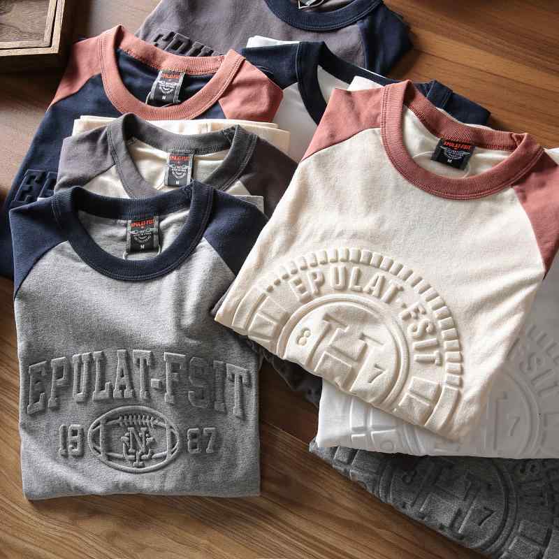 Tシャツ 男性用 ウォッシュドコットン 磨き加工 アメリカンカジュアル 配色袖 クルーネック 長袖 インナーシャツ カットソー 綿100% 通気性