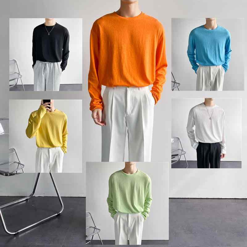 Tシャツ 男性用 薄手 長袖 コットンブレンド トップス 接触冷感 紫外線対策 普段使い 部屋着 白 黒 黄色 緑 青