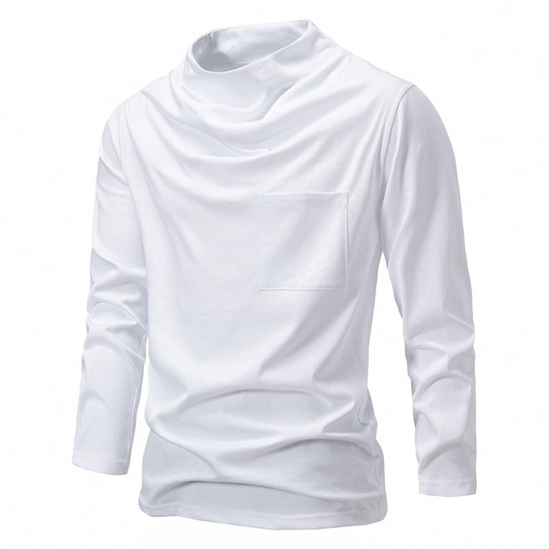 Tシャツ メンズ 男性用 高襟 トップス 長袖 コットン 綿 無地 プルオーバー ゆったり リラックス 秋物 秋冬 深灰色 白 黒