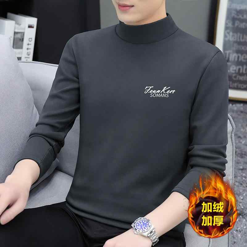 Tシャツ メンズ 男性用 裏起毛 カットソー 秋冬 防寒 暖か インナー トップス 長袖 ポリエステル 綿 無地 スリム 高襟 黒 白 グレー ネイビー 普段使い