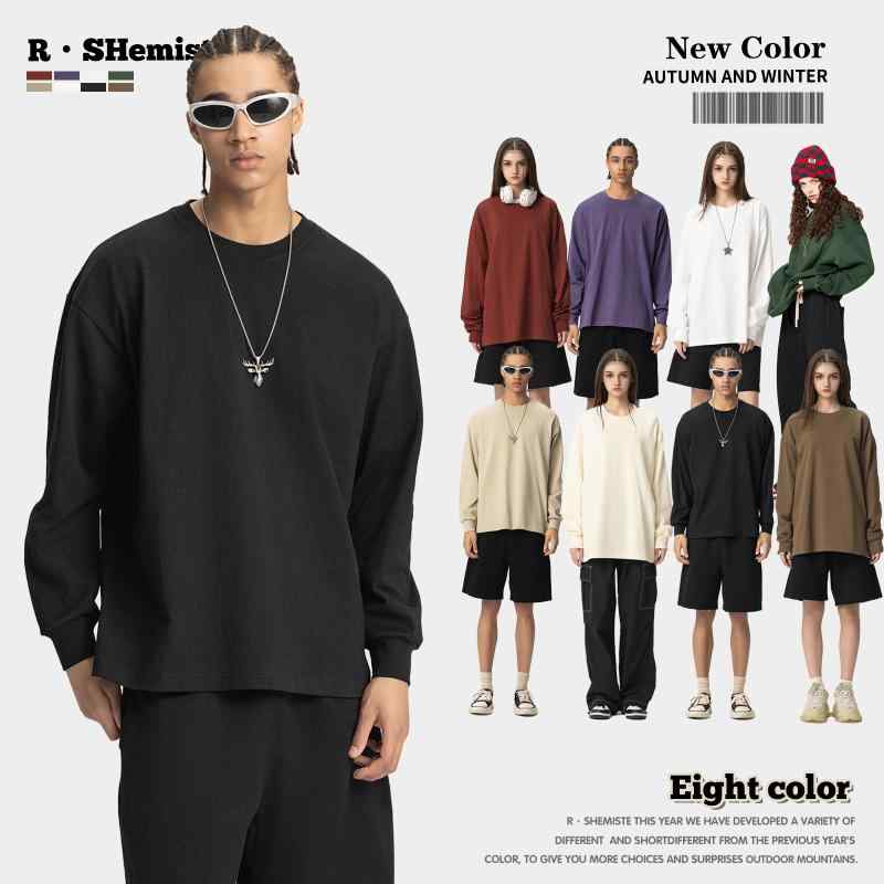 Tシャツ メンズ 男性用 秋冬用 無地 トップス 長袖 カットソー コットン カジュアル ルーズフィット ドロップショルダー クルーネック アイボリー ブラック コーヒー パープル グリーン キャラメル ベージュ