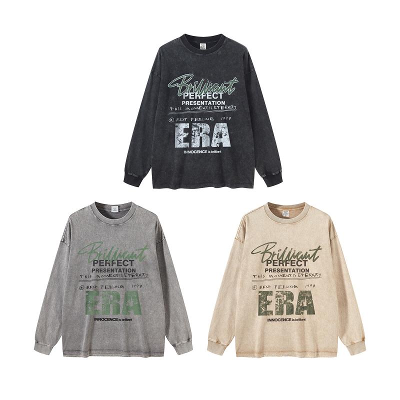 Tシャツ メンズ 男性用 秋冬物 ゆったり 水洗い コットン 長袖 トップス ドロップショルダー カキ色 グレー2