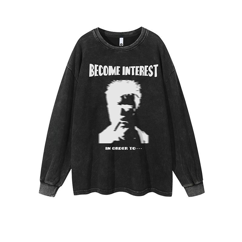 Tシャツ メンズ ストリート 男性用 レトロ 国潮ブランド風 人物プリント アルファベット柄 ルーズフィット 長袖 コットン