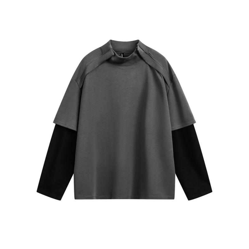Tシャツ メンズ 男性用 レトロ 長袖 カットソー コットン混紡 スタンドカラー 切り替え ゆったり トップス 普段使い