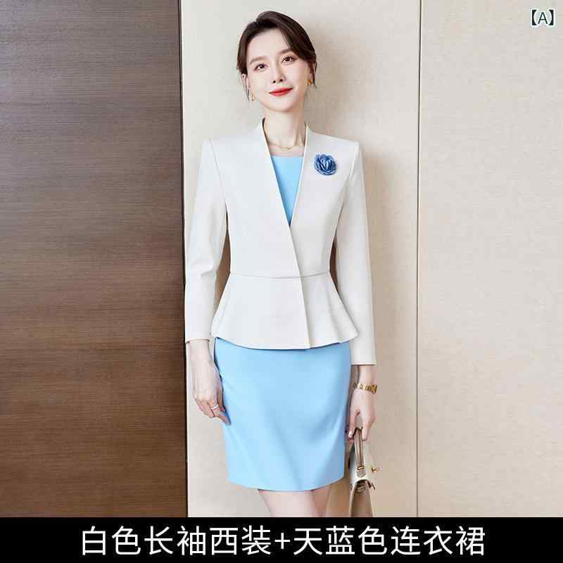 スーツ レディース 高級感 美容院 エステ 受付 制服 長袖 半袖 ジャケット ワンピース セット ポリエステル 伸縮性 OL 通勤 オフィス フォーマル 式典 礼服 ホワイト 白 ブルー