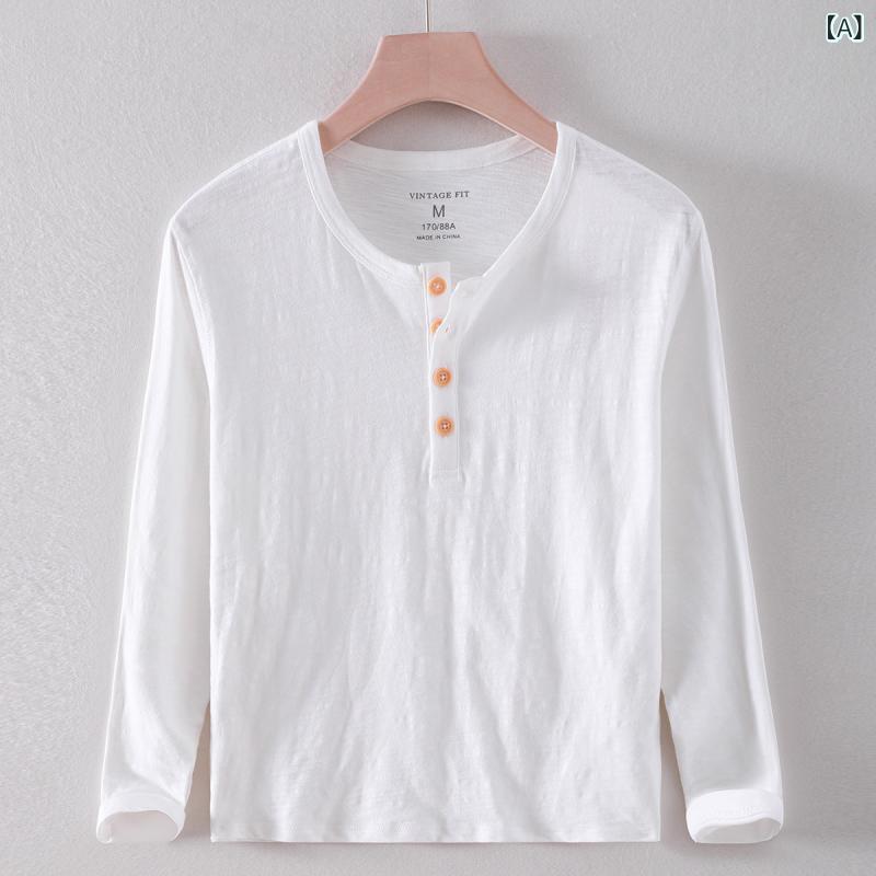 Tシャツ メンズ 男性用 長袖 薄手 通気性 竹節綿 カットソー インナーシャツ 白 黒 ベージュ リブ