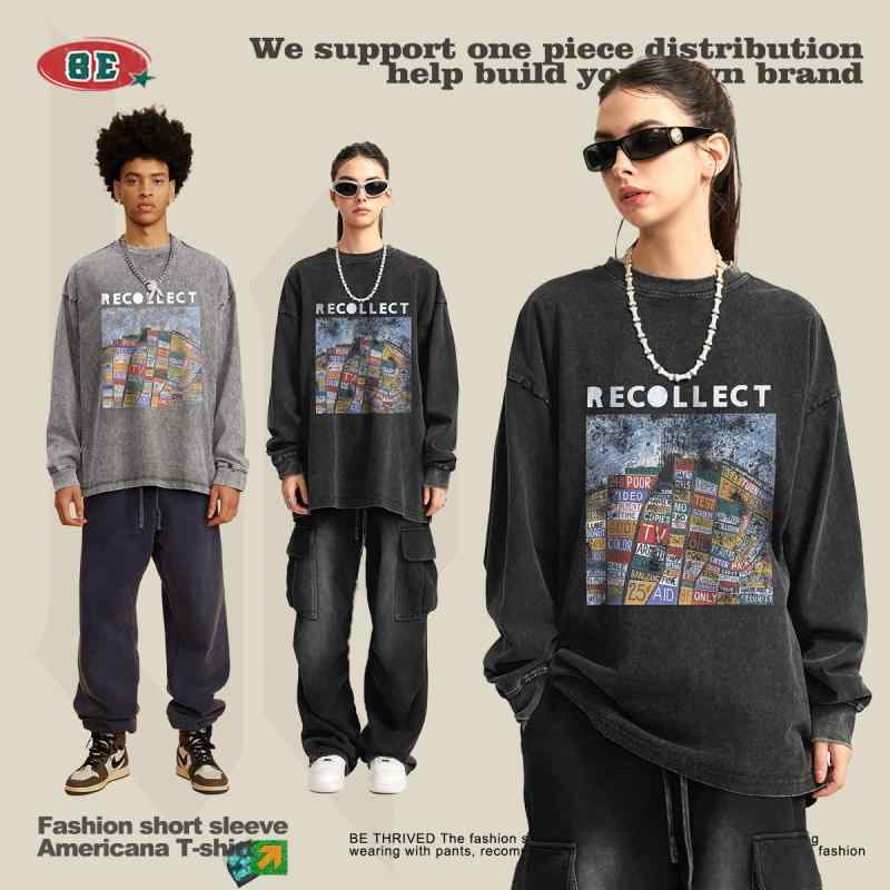 Tシャツ メンズ 男性用 長袖 トップス コットン100% ゆったり オーバーサイズ ウォッシュ加工 ラウンドネック プリント カットソー 春秋 カジュアル デイリー 普段使い グレー系2