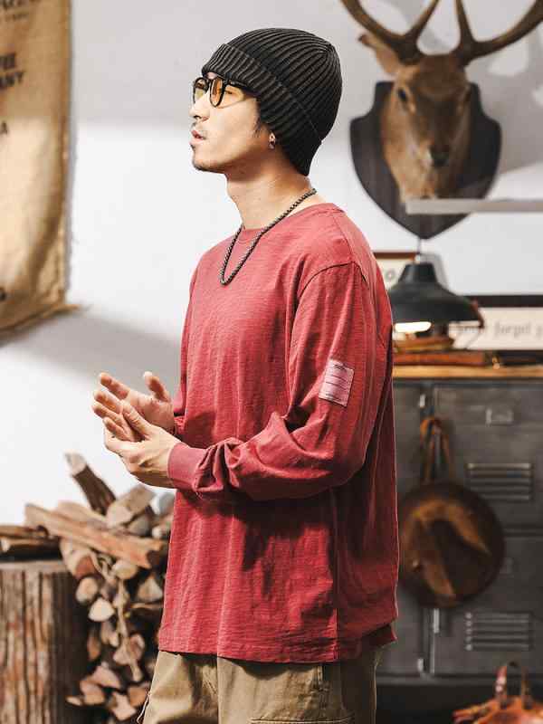 Tシャツ メンズ 男性用 アメカジ 古着風 竹節綿 長袖 薄手 刺繍 ラウンドネック ゆったり グレー 春秋 スポーツ 普段使い