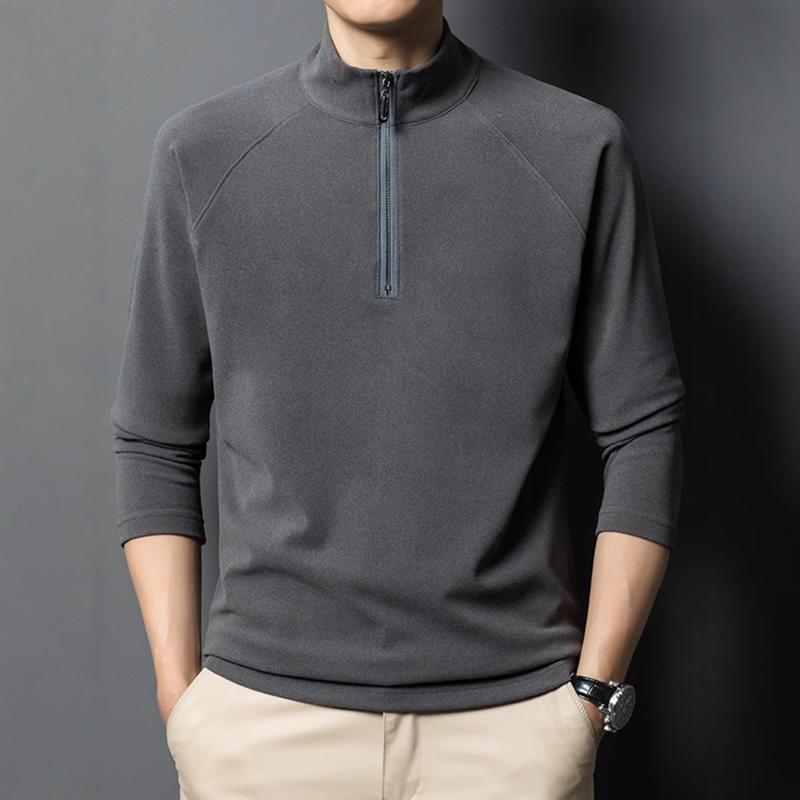 Tシャツ 男性用 立襟 長袖 カットソー プルオーバー 無地 普段使い 春秋 ポリエステル ブラック ホワイト グレー カーキ グリーン レッド