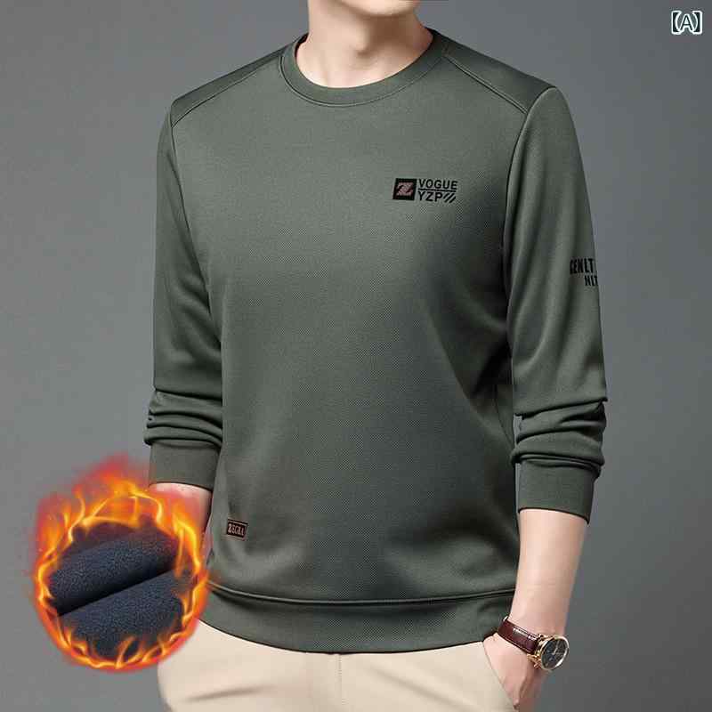 Tシャツ 男性用 裏起毛 スウェットシャツ 長袖 丸首 あったか インナー 秋冬 部屋着 普段使い ポリエステル 無地 緑色系 黒色系 グレー系 ベージュ カーキ