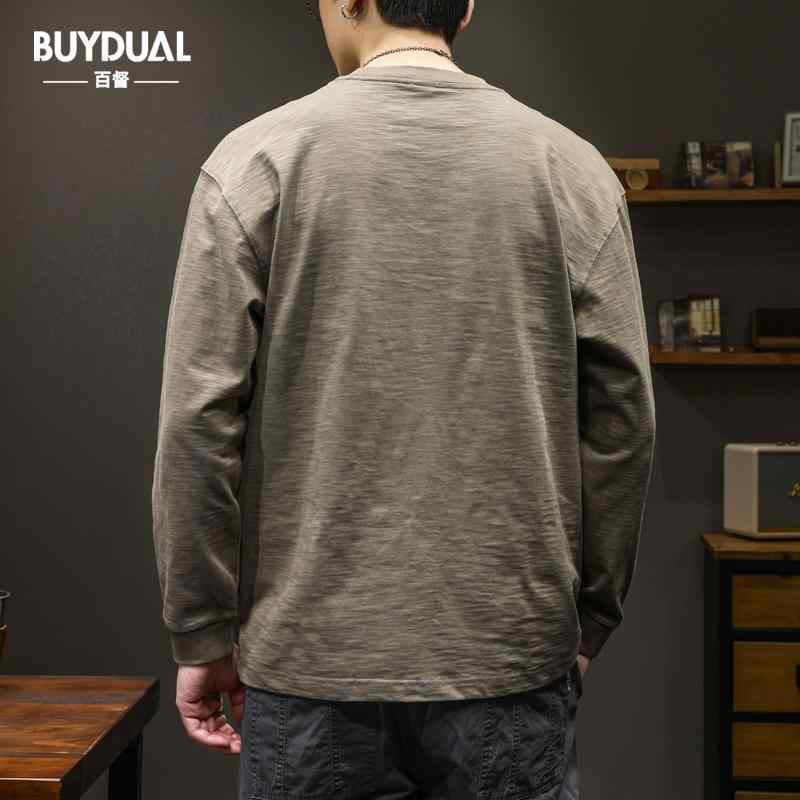 Tシャツ 男性用 長袖 コットン トップス 春秋 薄手 刺・墸 アルファベット ゆったり ラウンドネック インナー カットソー カジュアル スタイル ブラック カーキ グリーン