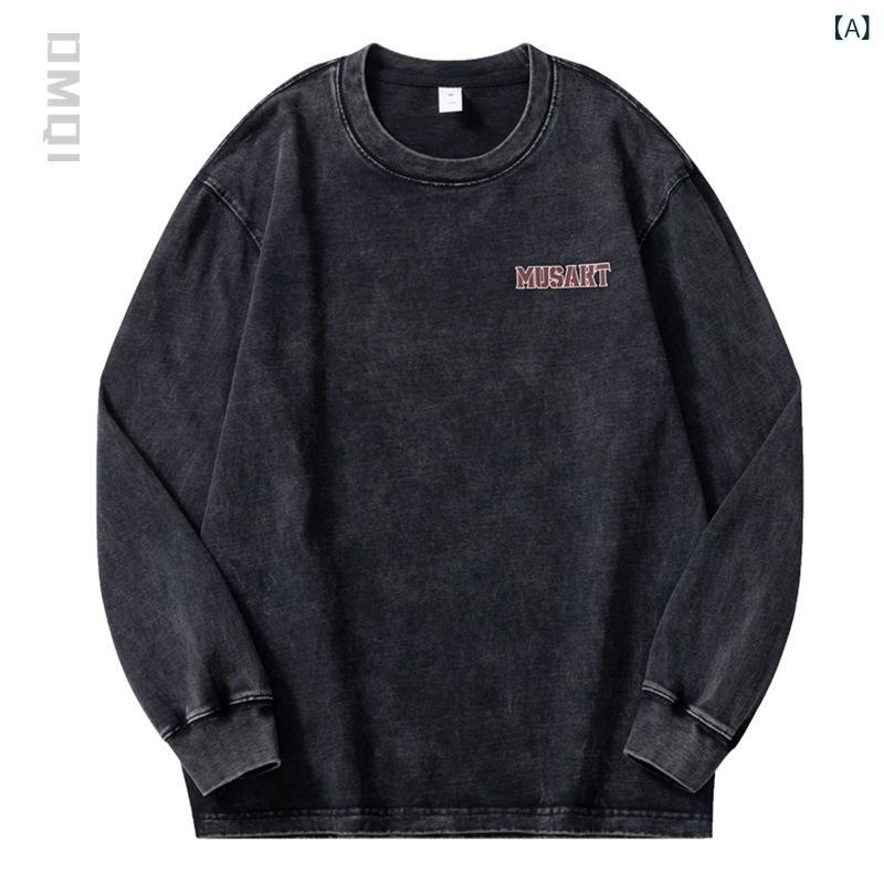 Tシャツ 男性用 長袖 コットン ビッグシルエット ウォッシュ加工 ロゴ 春秋 黒