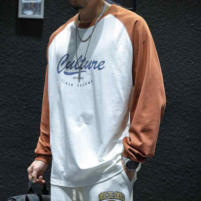 Tシャツ メンズ 長袖 春秋 カットソー ラウンドネック ゆったり 大きいサイズ コットン 黒 白 切り替え プリント 薄手 通気性 4,280円