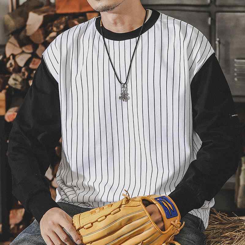 Tシャツ メンズ ベースボールシャツ 長袖 コットン ゆったり ラウンドネック ドロップショルダー カジュアル スポーティー 秋冬