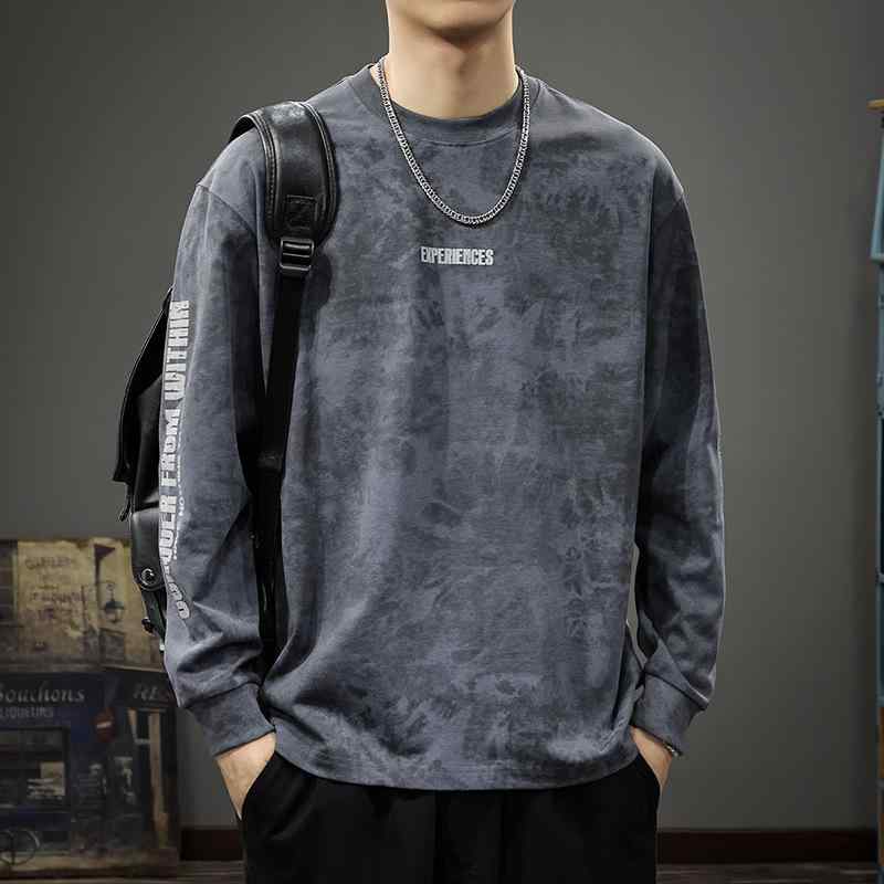 Tシャツ メンズ 長袖 秋物 アメリカンカジュアル 絞り染め プリント スウェットシャツ ゆったり インナー トップス 綿100％ 深灰色 カーキ色 紫色 杏色