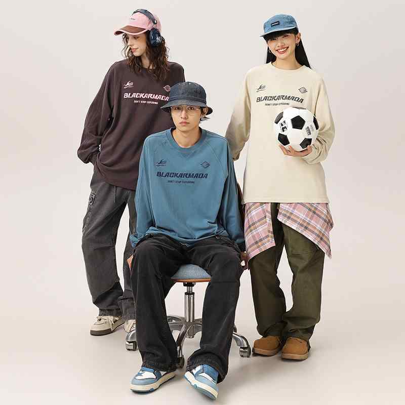 Tシャツ 男女兼用 長袖 リラックスフィット コットン100% ラウンドネック トップス カットソー プリント 薄手 重ね着 カジュアル スタイル スモークパープル カーキ ベージュ ブルー