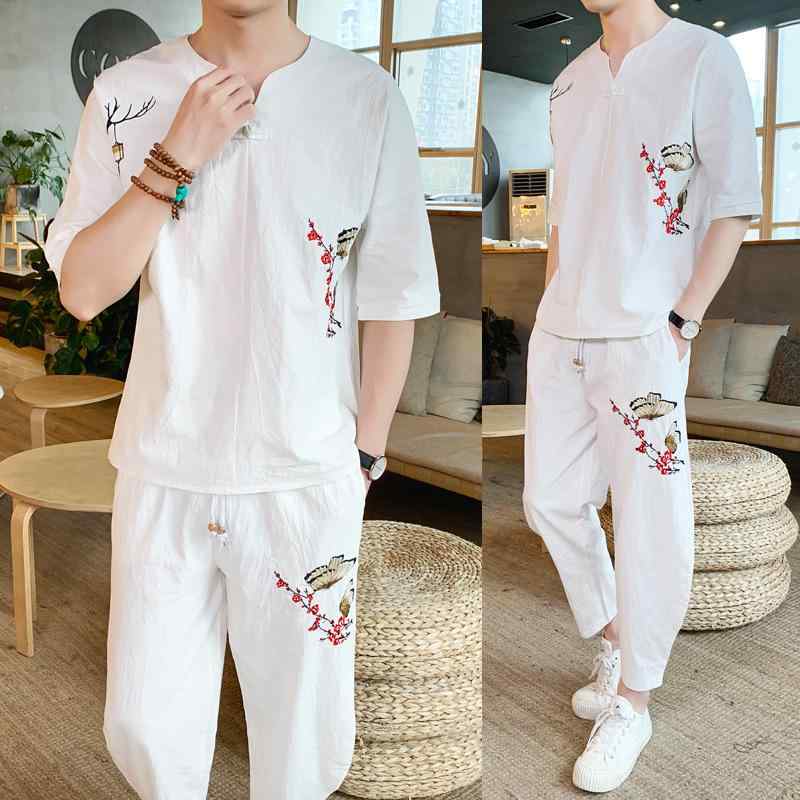 Tシャツ メンズ 男性用 半袖 Vネック トップス パンツ 上下 セットアップ 綿 麻 リネン 中国風 梅 花柄 刺繍 9分丈 ズボン ルームウェア 部屋着 普段使い リラックス おしゃれ2