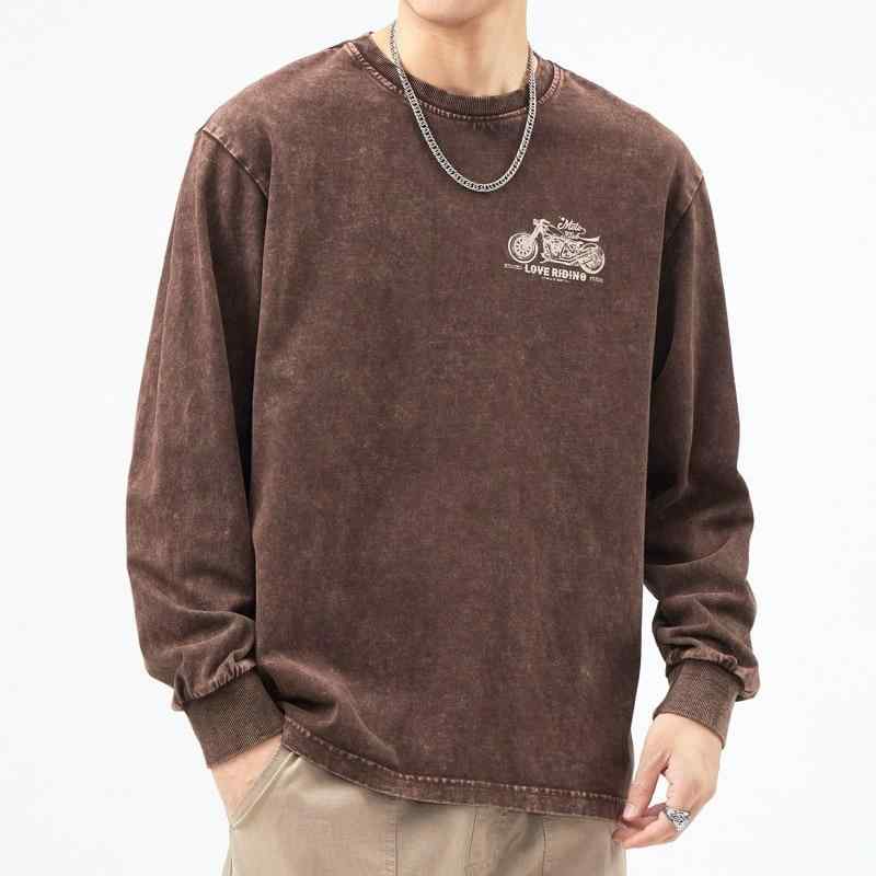 Tシャツ 男性用 コットン ルーズ オーバーサイズ 秋 カジュアル バイクプリント 長袖 トップス 深棕色 焦糖色