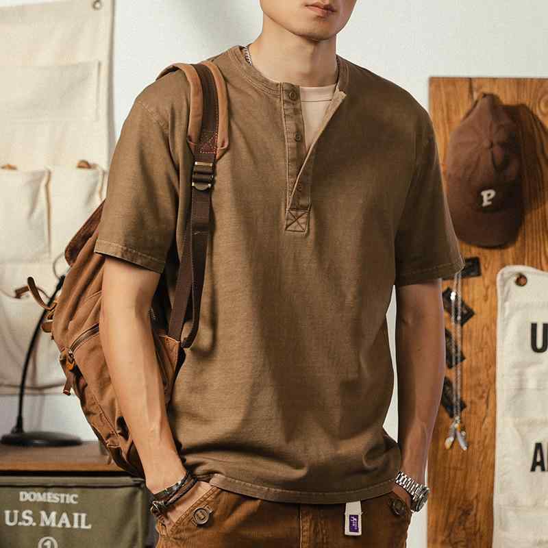 Tシャツ 男性用 ウォッシュ加工 ヘンリーネック 半袖 Tシャツ 300g ヘビーウェイト コットン ゆったり 無地 アメカジ カットソー 普段使い コーヒー色 カーキ ホワイト ブラック