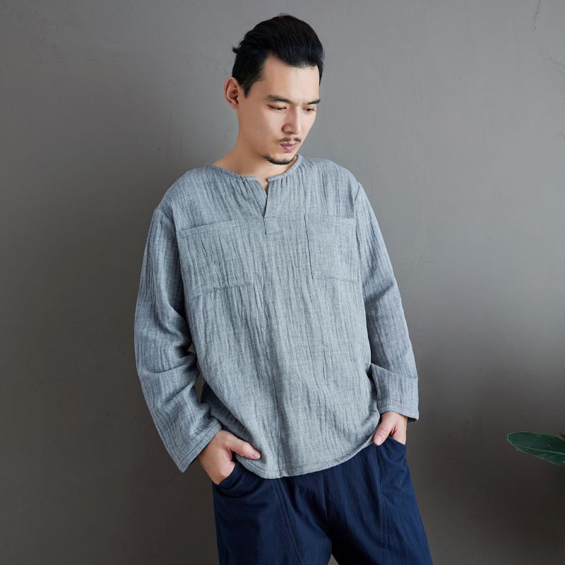 Tシャツ 男性用 コットン リネン リンクル 長袖 Vネック プルオーバー カットソー 水緑 スモーキーブルー リラックス ゆったり 薄手 レトロ