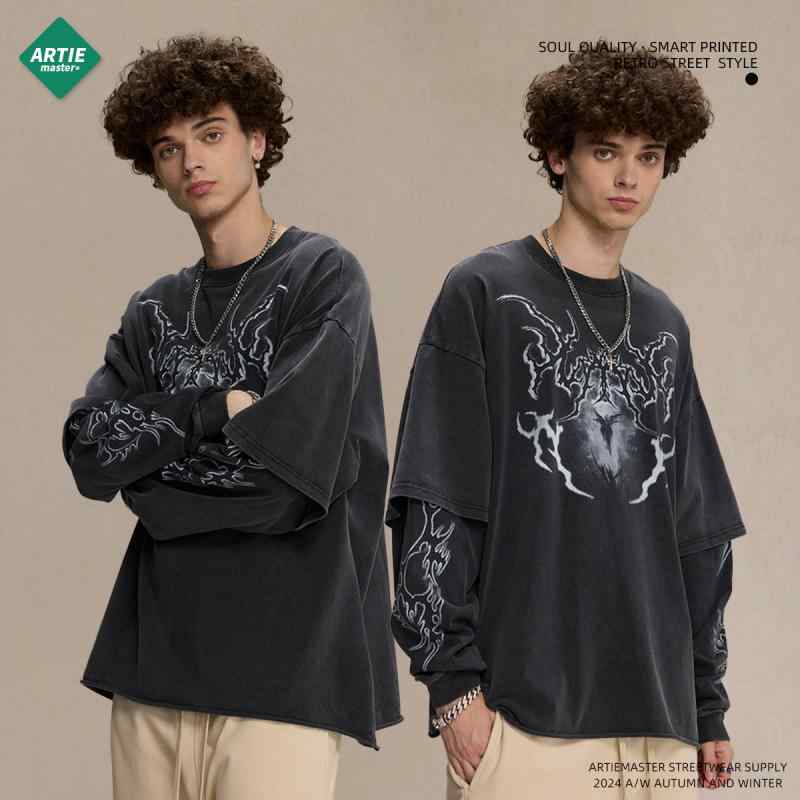 Tシャツ 男性用 長袖 レトロ ヴィンテージ風 プリント ダメージ加工 ウォッシュ加工 ストリート 薄手 コットン