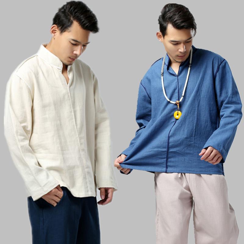 Tシャツ 男性用 リネンシャツ 長袖 無地 ルーズフィット リラックス 立襟 部屋着 春夏 麻 ホワイト コーヒー