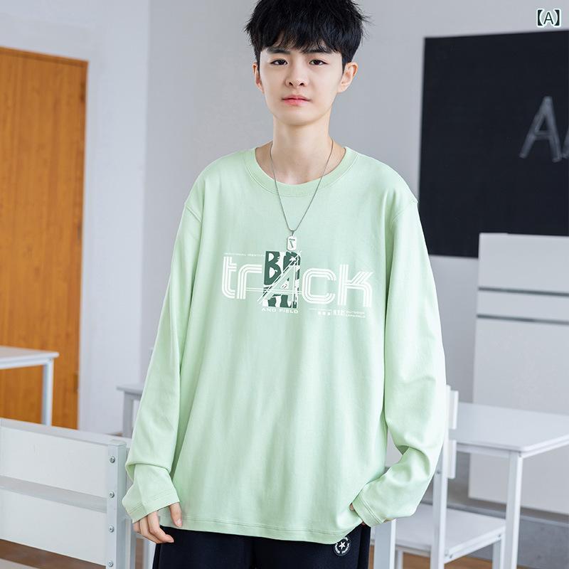 Tシャツ メンズ 大人も着られる 普段使い 長袖 ティーンエイジャー 男の子 丸首 ゆったり 伸縮性 スポーツ 部屋着 カットソー 黒 白 緑 青2