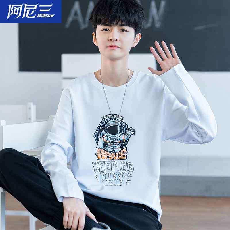 Tシャツ メンズ 長袖 秋物 ティーンエイジャー ラウンドネック トップス カットソー ゆったり ブラック ホワイト2