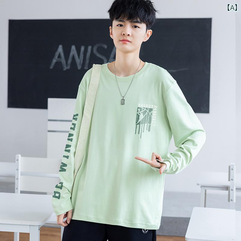 Tシャツ メンズ 男性用 長袖 ラウンドネック プルオーバー カットソー ゆったり 学生 普段使い カジュアル スタイル 果緑 ブラック2