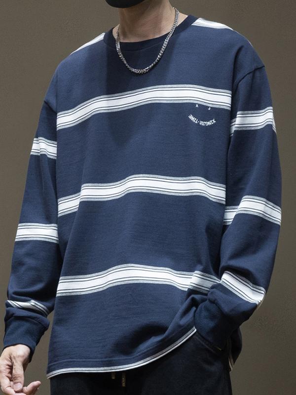 Tシャツ メンズ 長袖 ストライプ柄 スウェット プルオーバー コットン ゆったり 青年 秋 トップス 普段使い 部屋着 カジュアル ネイビー カーキ