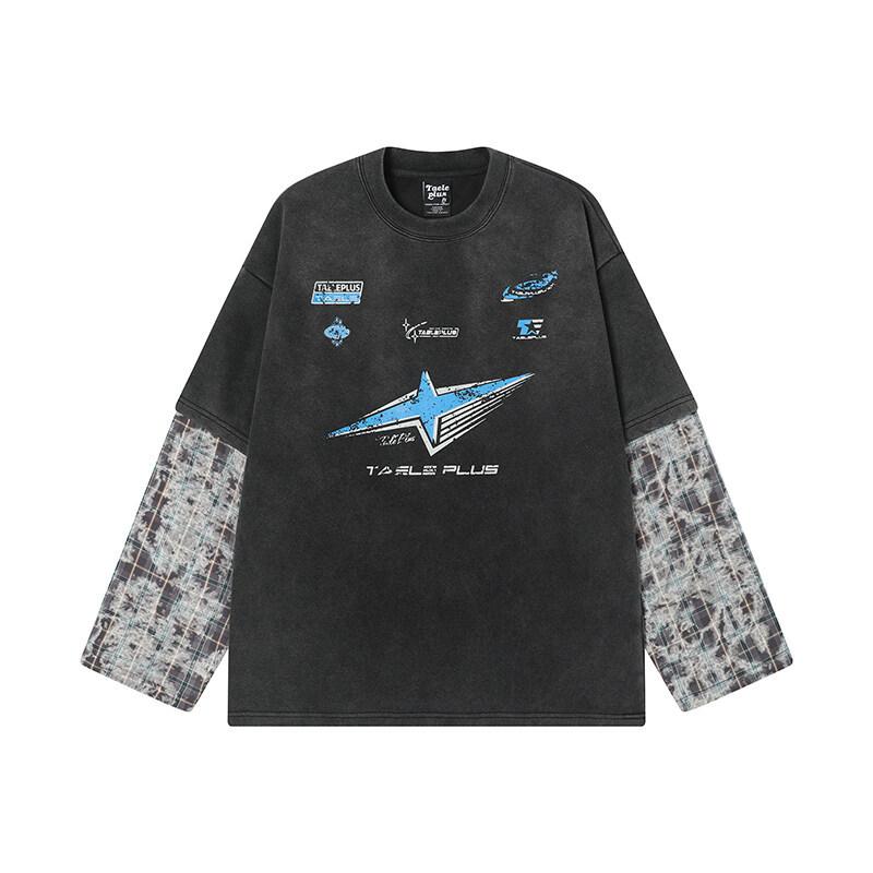 Tシャツ メンズ ヴィンテージ風 切り替え 長袖 トップス コットン ゆったり ラウンドネック プリント ストリートファッション2