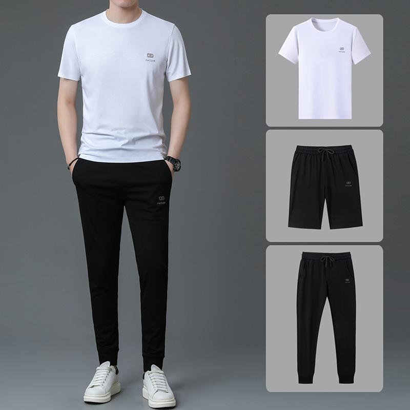 メンズ 接触冷感 半袖Tシャツ & 長ズボン セットアップ 薄手 男性用 部屋着 スポーツウェア 上下セット 春夏 ブラック ホワイト