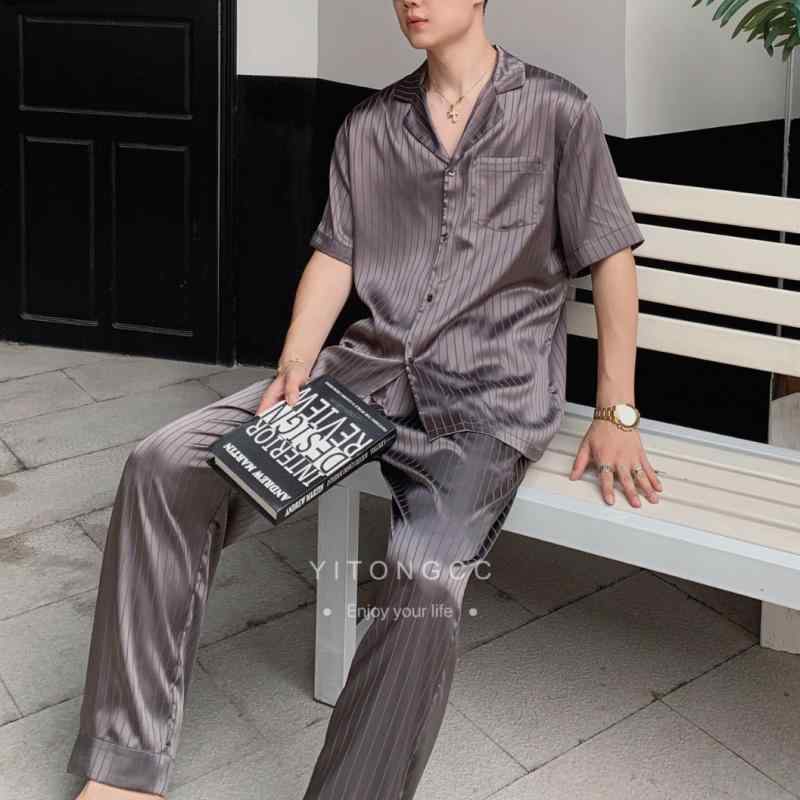 パジャマ メンズ 男性用 寝間着 接触冷感 長袖 長ズボン 上下セット ルームウェア 部屋着 開襟シャツ 大きいサイズ 春夏 薄手 紳士用 ブラック グレー系